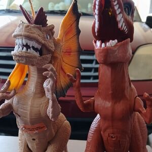 Pair of Toy Dinosaurs - Tan & Brown with Orange Wings